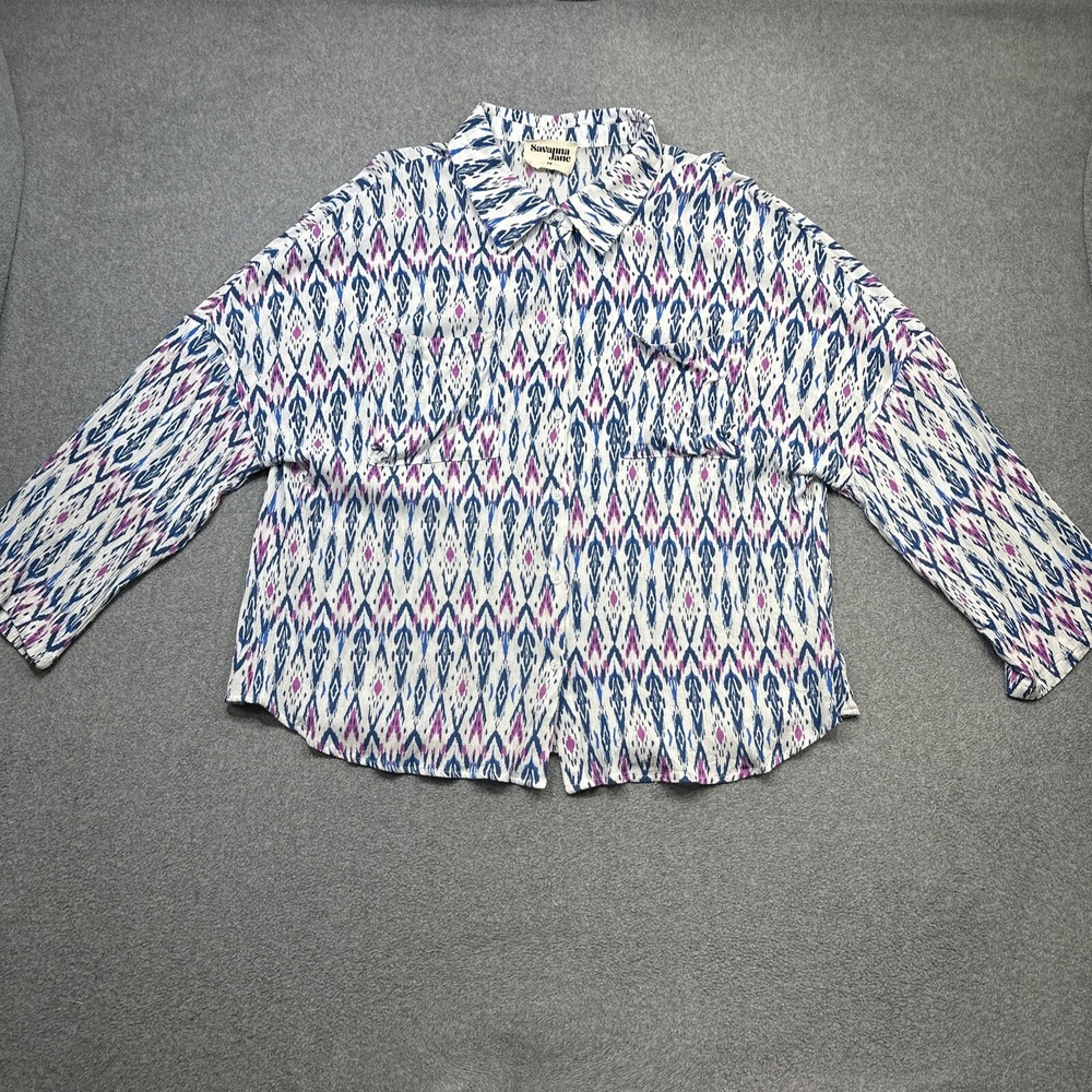 Savanna Jane Top Plus 2X Blue Purple Geometric Button Up Artsy Festival Boho
